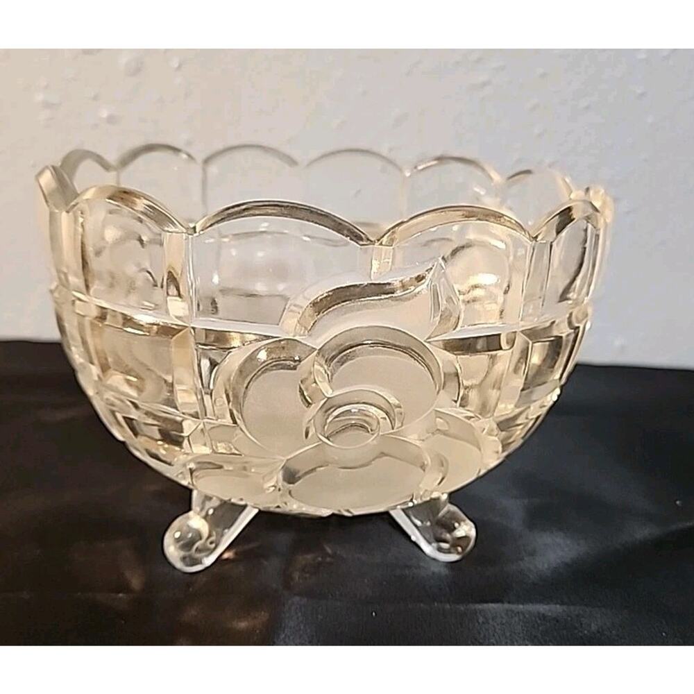 Vintage Clear Crystal Three Footed Frosted Flower Roses Candy Serving Bowl